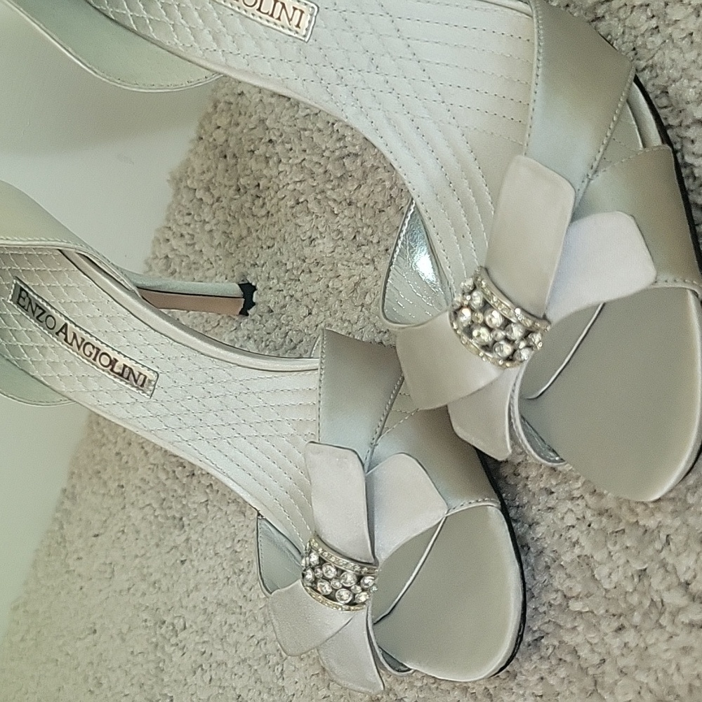 Silver satin open toe 3 inch heels